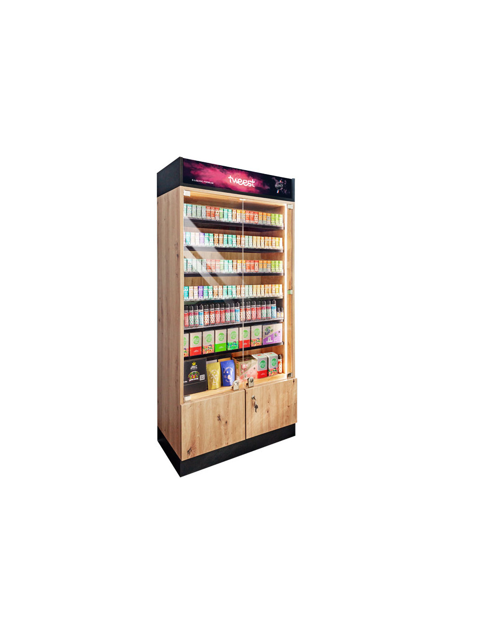 Vitrine TWEEST avec 4 étagères de poussoirs (96 facings) Vitrine TWEEST avec 4 étagères de poussoirs (96 facings)